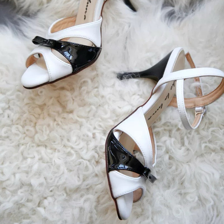Moonlight Duet – Handmade White and Black Leather Tango Heels