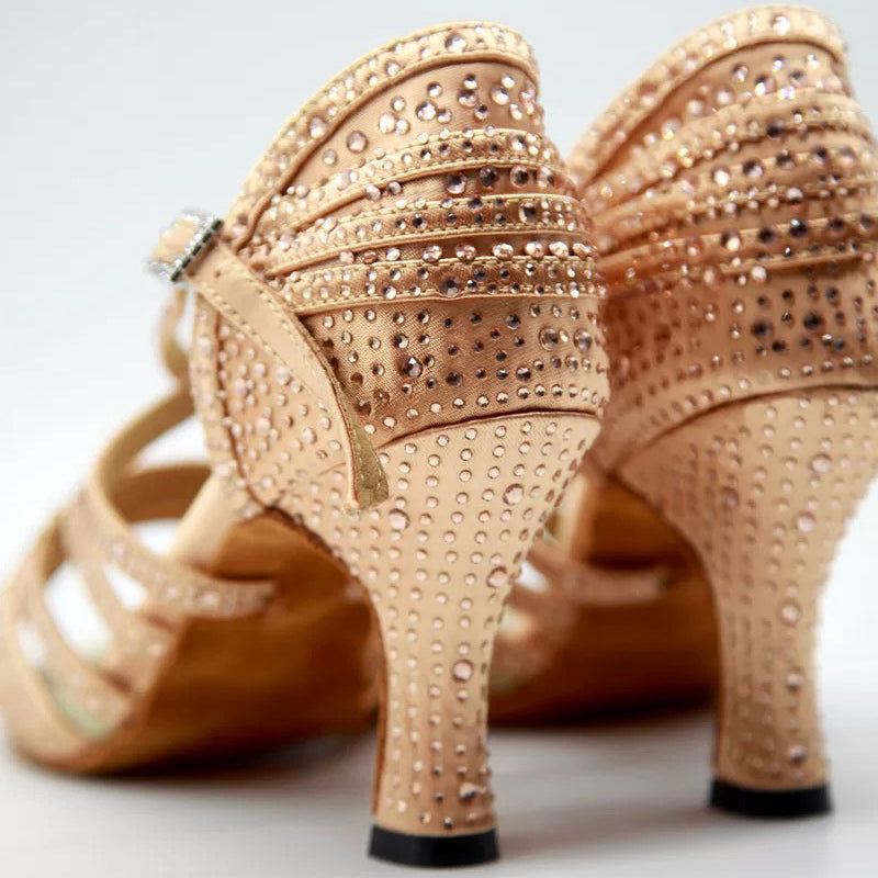 Aurora Bloom – Handmade Rhinestone-Embellished Nude Salsa Heels