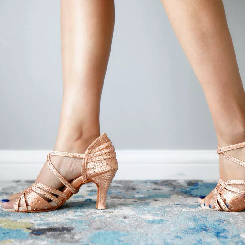 Aurora Bloom – Handmade Rhinestone-Embellished Nude Salsa Heels