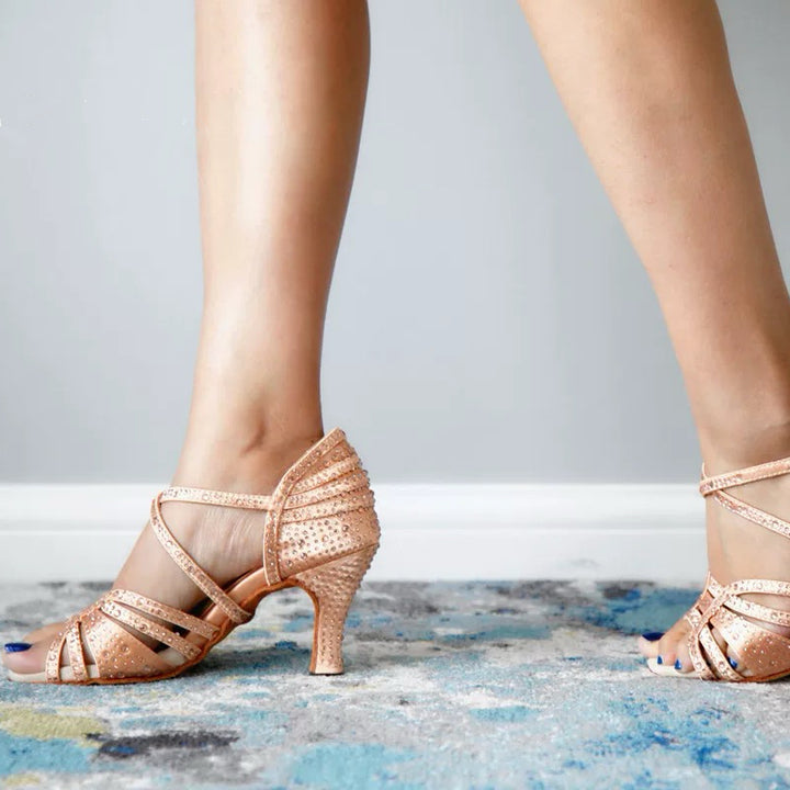 Aurora Bloom – Handmade Rhinestone-Embellished Nude Salsa Heels