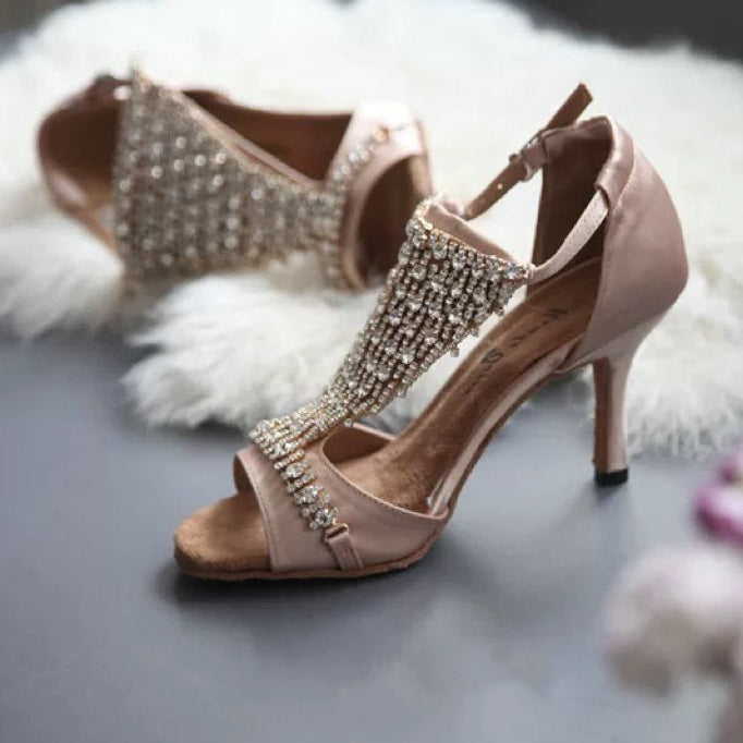 Golden Rhythm – Handmade Rhinestone Leather Salsa Heels