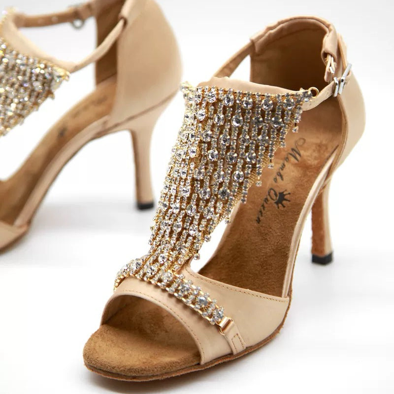 Golden Rhythm – Handmade Rhinestone Leather Salsa Heels