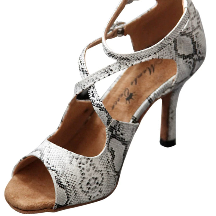 Viper’s Waltz – Handmade White Snakeskin PU Salsa Heels with T-Strap