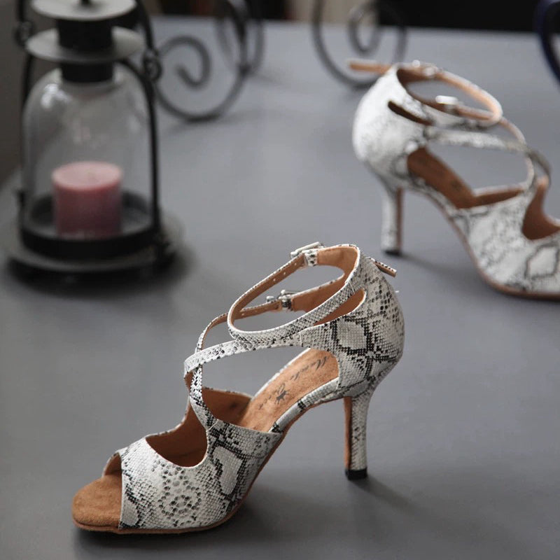 Viper’s Waltz – Handmade White Snakeskin PU Salsa Heels with T-Strap