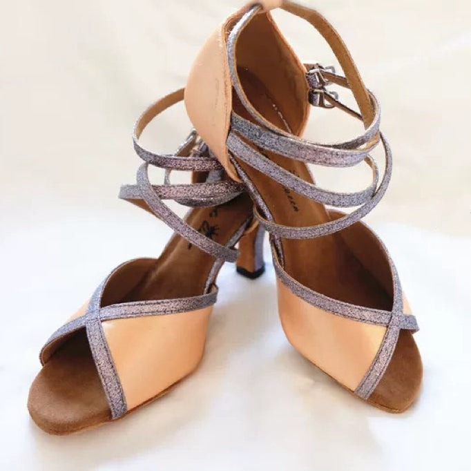 Whispers of Nude – Handmade Leather Cross-Strap Salsa Heels in Light Beige