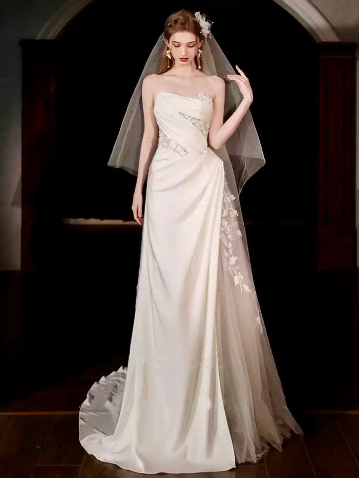 Ivory Spaghetti Strap Evening Dress with Draped Satin – Satin Evening Dress with Floral Lace Appliqué Plus Size