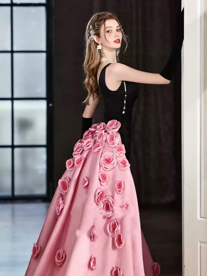 Black and Pink Convertible Evening Dress – Black Sleeveless Evening Gown with Pink Overskirt - Flower Applique Dress Plus Size