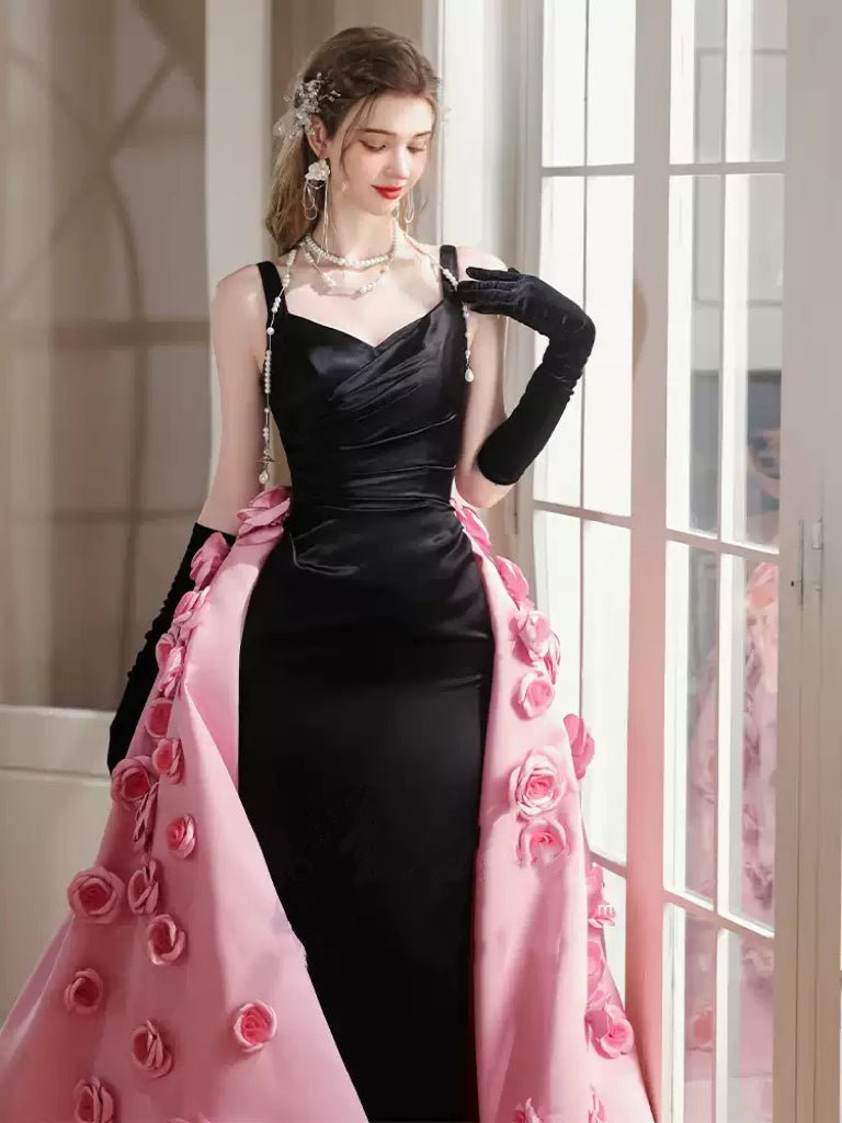 Black and Pink Convertible Evening Dress – Black Sleeveless Evening Gown with Pink Overskirt - Flower Applique Dress Plus Size