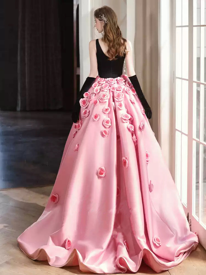 Black and Pink Convertible Evening Dress – Black Sleeveless Evening Gown with Pink Overskirt - Flower Applique Dress Plus Size