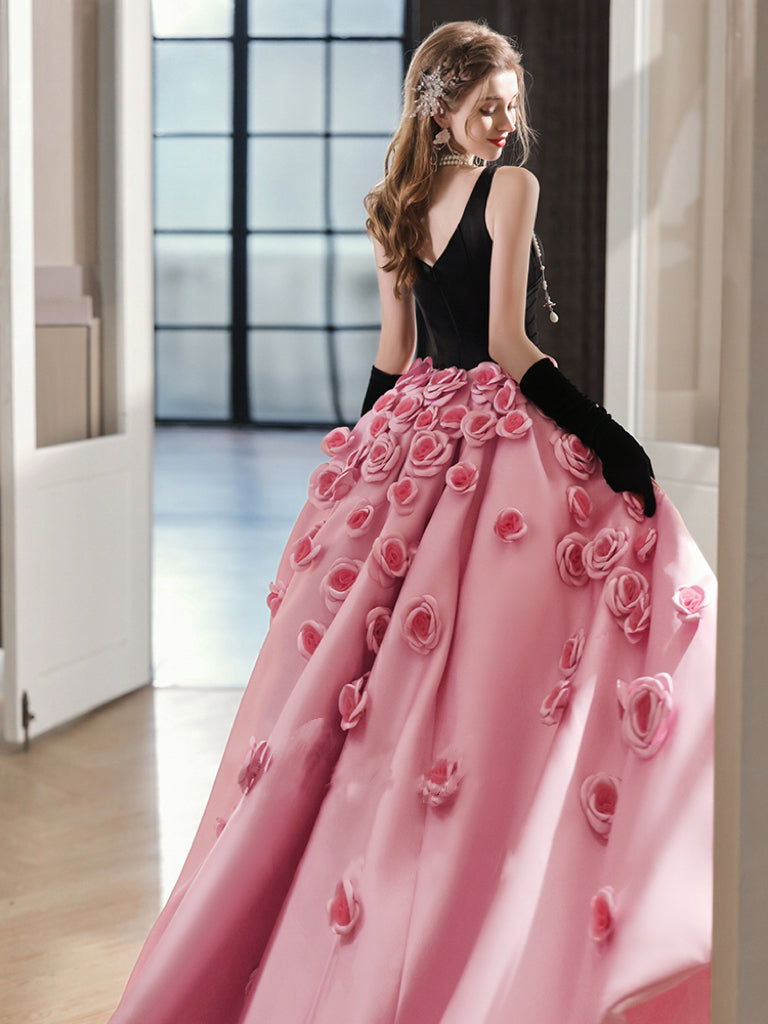 Black and Pink Convertible Evening Dress – Black Sleeveless Evening Gown with Pink Overskirt - Flower Applique Dress Plus Size
