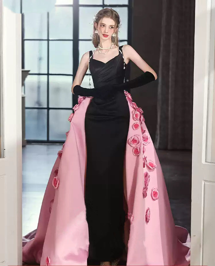 Black and Pink Convertible Evening Dress – Black Sleeveless Evening Gown with Pink Overskirt - Flower Applique Dress Plus Size