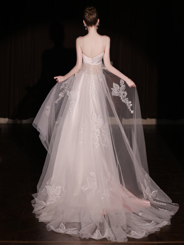 Pink Strapless Evening Dress with Draped Satin and Sheer Waist – Elegant Evening Dress with Convertible Tulle Train Plus Size