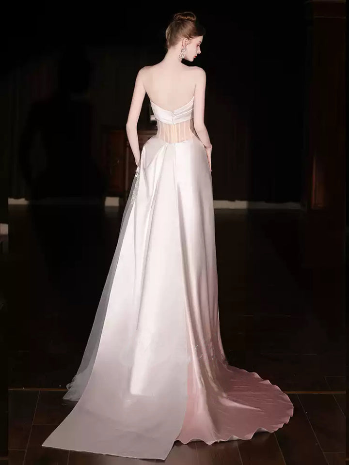 Pink Strapless Evening Dress with Draped Satin and Sheer Waist – Elegant Evening Dress with Convertible Tulle Train Plus Size
