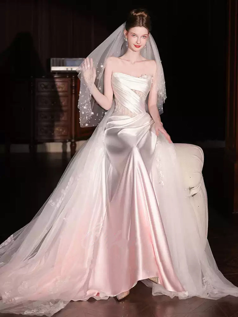 Pink Strapless Evening Dress with Draped Satin and Sheer Waist – Elegant Evening Dress with Convertible Tulle Train Plus Size