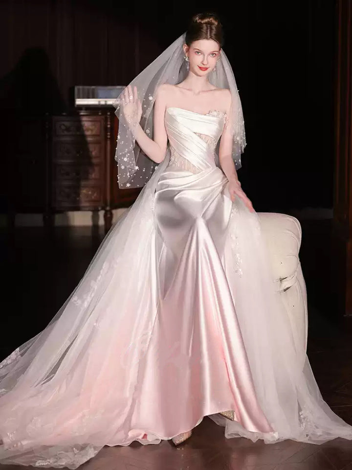 Pink Strapless Evening Dress with Draped Satin and Sheer Waist – Elegant Evening Dress with Convertible Tulle Train Plus Size