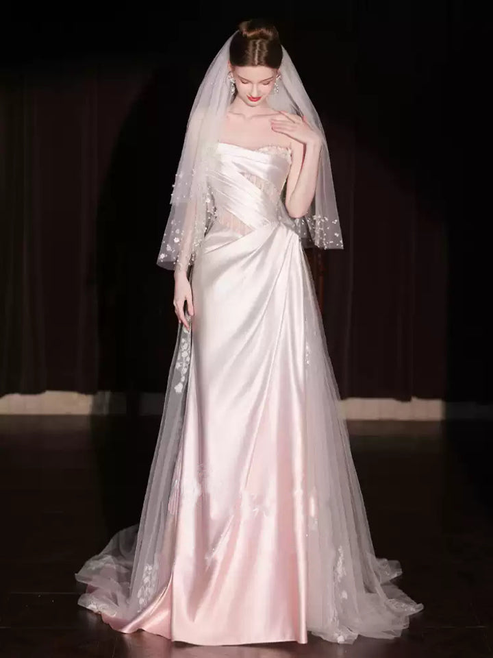 Pink Strapless Evening Dress with Draped Satin and Sheer Waist – Elegant Evening Dress with Convertible Tulle Train Plus Size