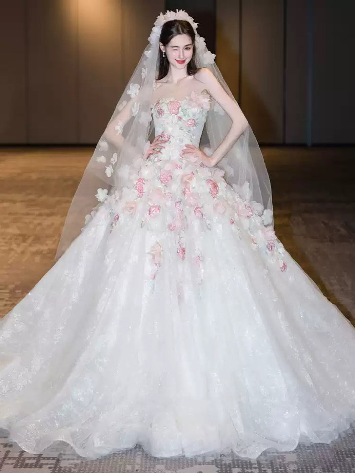 White Floral Wedding Dress with Pink Appliqué – Strapless Wedding Dress with 3D Flowers and Matching Veil Plus Size