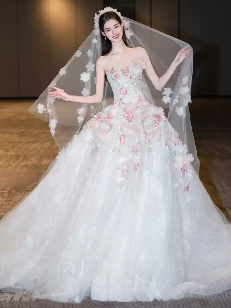 White Floral Wedding Dress with Pink Appliqué – Strapless Wedding Dress with 3D Flowers and Matching Veil Plus Size