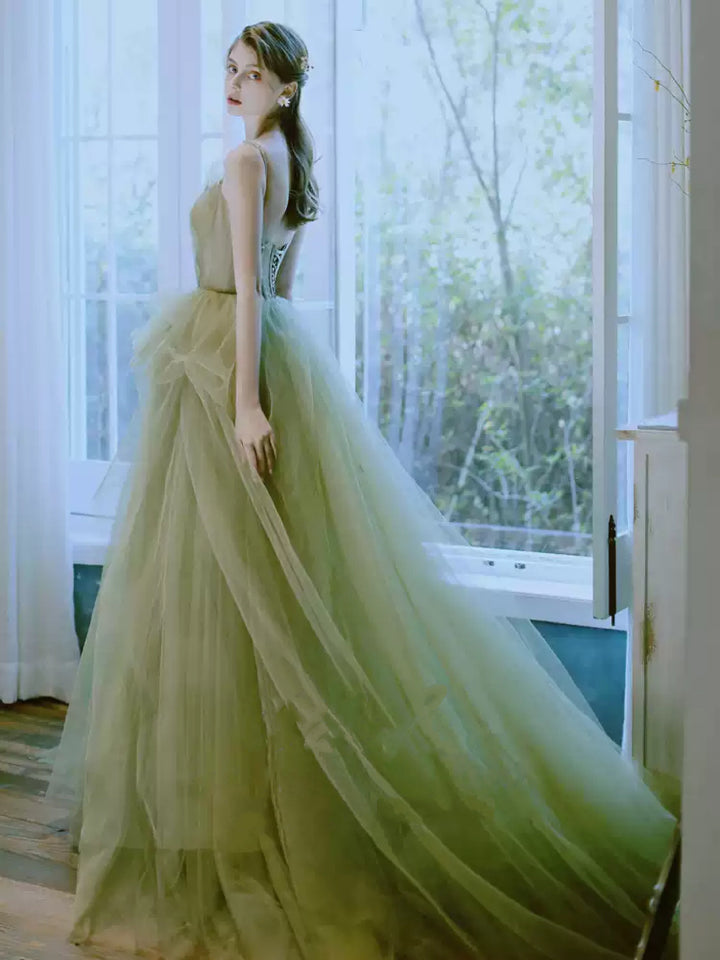 Olive Green Evening Dress with Spaghetti Straps – Layered Tulle Ruffle Dress with Bow Detail Plus Size
