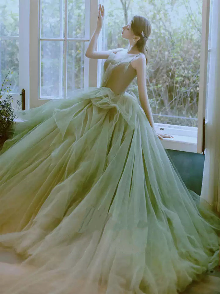 Olive Green Evening Dress with Spaghetti Straps – Layered Tulle Ruffle Dress with Bow Detail Plus Size