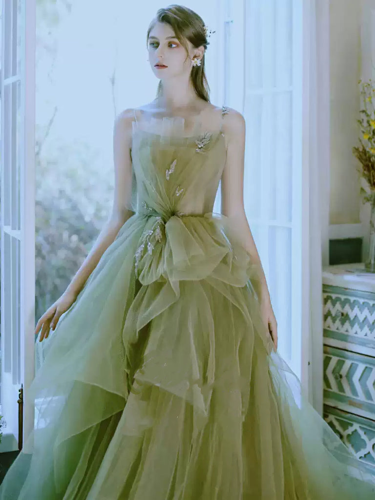 Olive Green Evening Dress with Spaghetti Straps – Layered Tulle Ruffle Dress with Bow Detail Plus Size