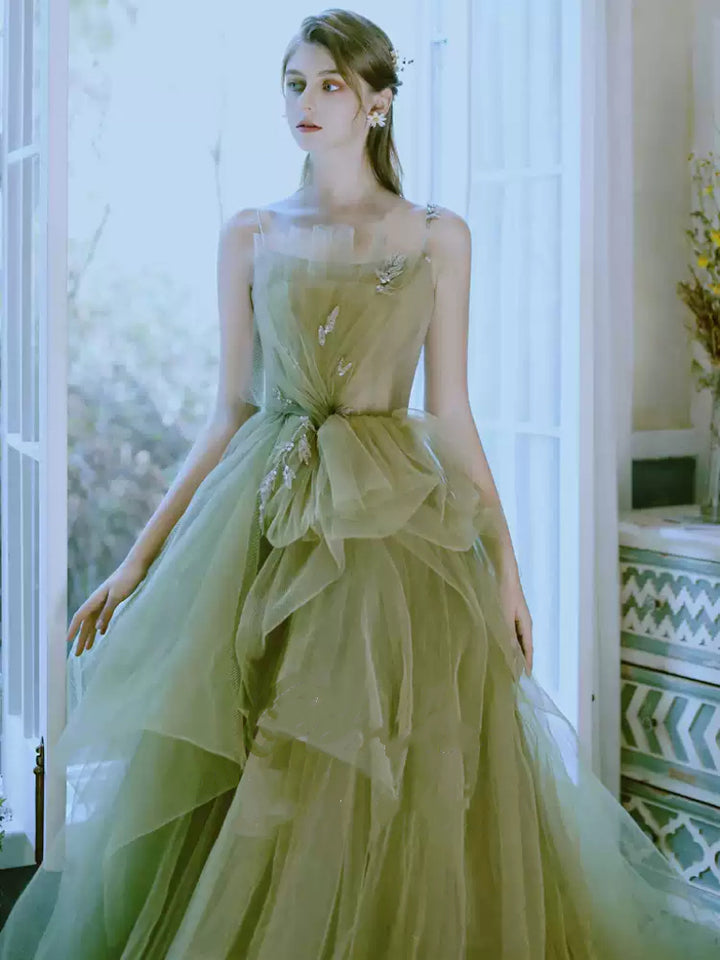 Olive Green Evening Dress with Spaghetti Straps – Layered Tulle Ruffle Dress with Bow Detail Plus Size