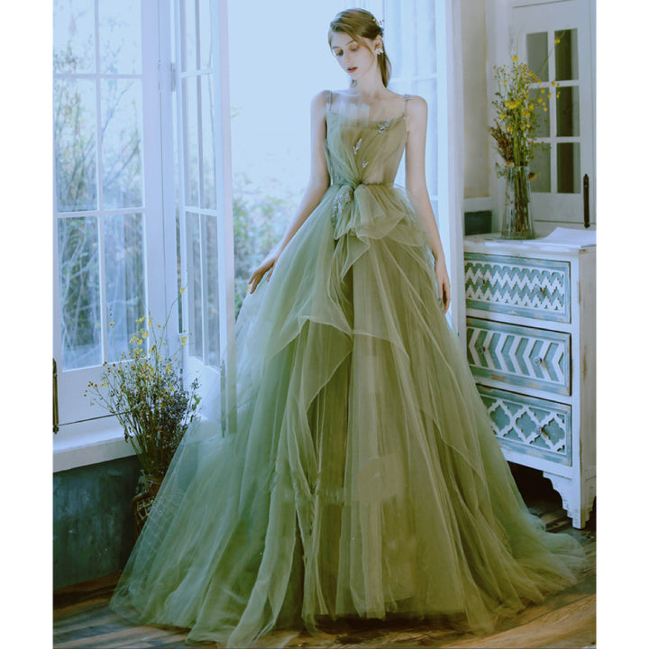 Olive Green Evening Dress with Spaghetti Straps – Layered Tulle Ruffle Dress with Bow Detail Plus Size
