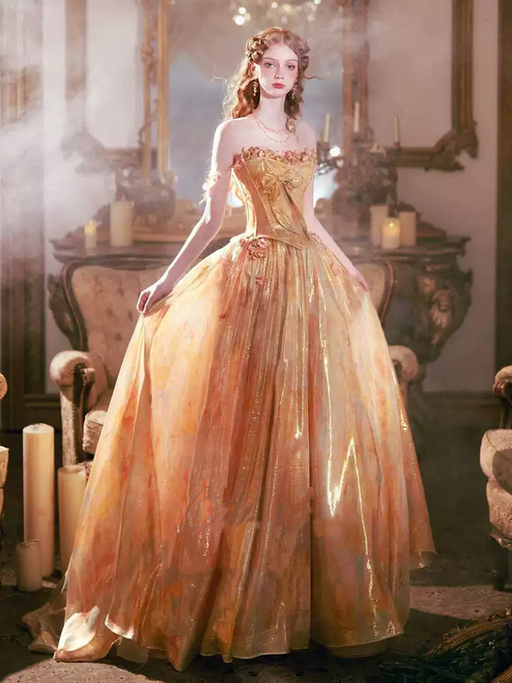 Gold Strapless Evening Dress with Corset Bodice – Gold Shimmering Dress with Bow and Floral Accents Plus Size