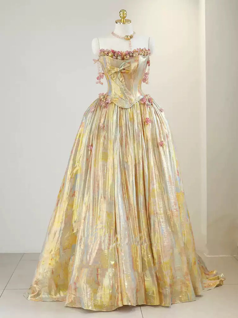 Gold Strapless Evening Dress with Corset Bodice – Gold Shimmering Dress with Bow and Floral Accents Plus Size