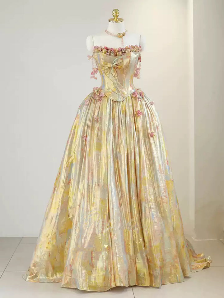 Gold Strapless Evening Dress with Corset Bodice – Gold Shimmering Dress with Bow and Floral Accents Plus Size