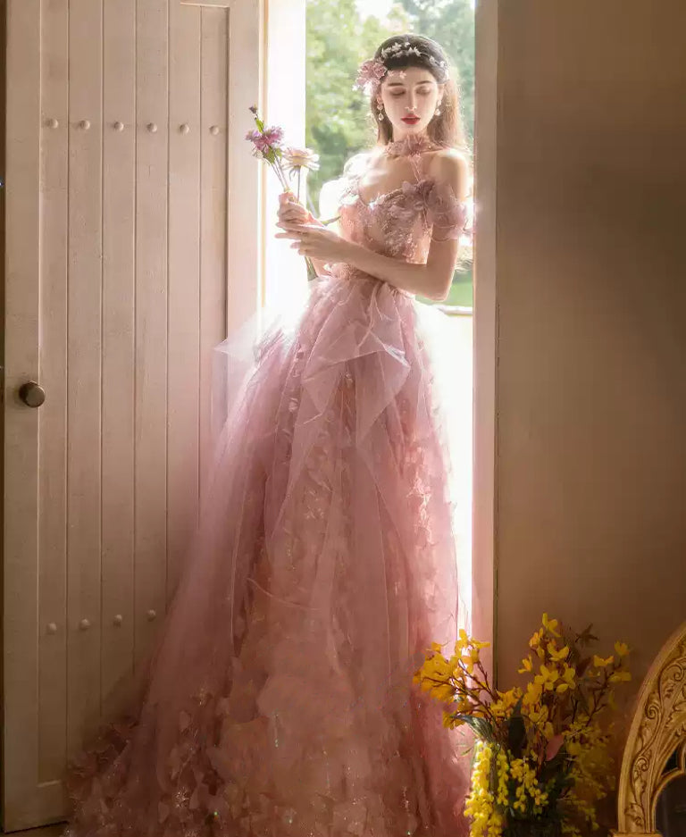 Pink Off the Shoulder Evening Dress with Tiered Tulle Skirt – Floral Evening Gown with 3D Petals Plus Size