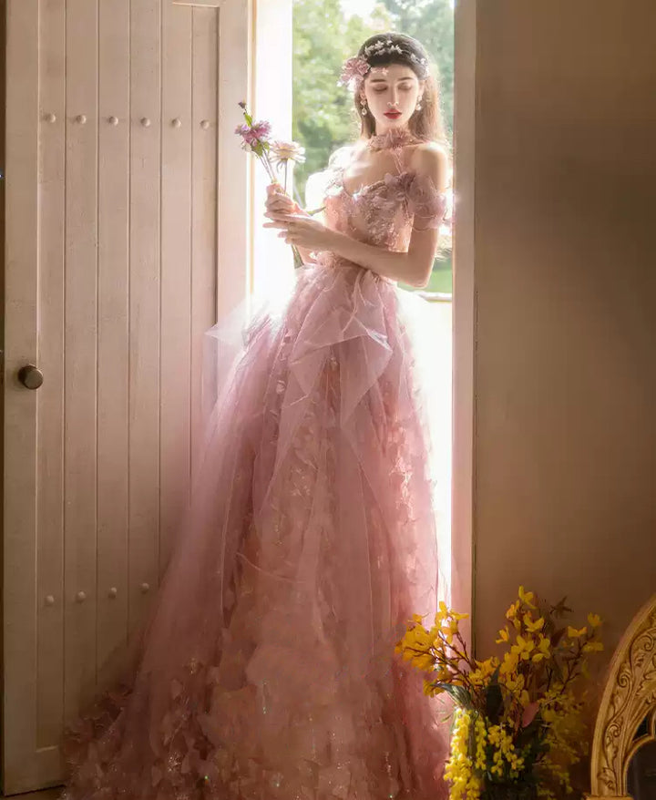 Pink Off the Shoulder Evening Dress with Tiered Tulle Skirt – Floral Evening Gown with 3D Petals Plus Size