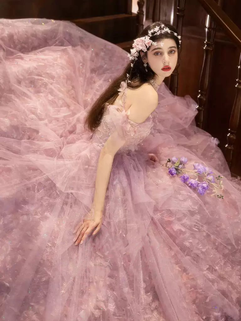 Pink Off the Shoulder Evening Dress with Tiered Tulle Skirt – Floral Evening Gown with 3D Petals Plus Size