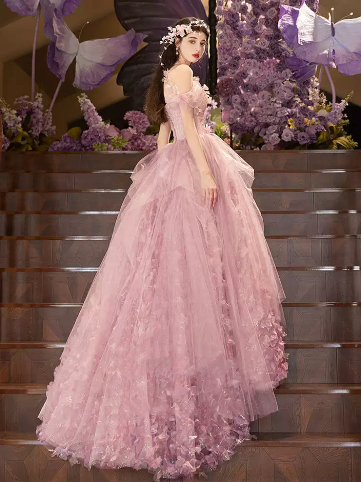 Pink Off the Shoulder Evening Dress with Tiered Tulle Skirt – Floral Evening Gown with 3D Petals Plus Size