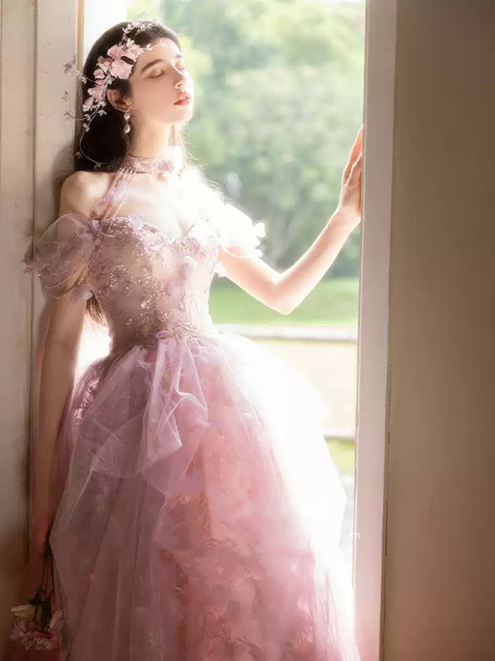 Pink Off the Shoulder Evening Dress with Tiered Tulle Skirt – Floral Evening Gown with 3D Petals Plus Size