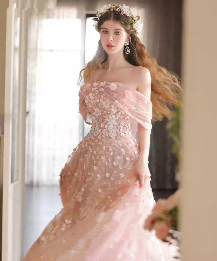 Blush Pink Off the Shoulder Evening Dress – Sparkling Pink Evening Dress with 3D Appliqué Plus Size