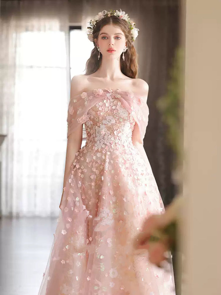 Blush Pink Off the Shoulder Evening Dress – Sparkling Pink Evening Dress with 3D Appliqué Plus Size