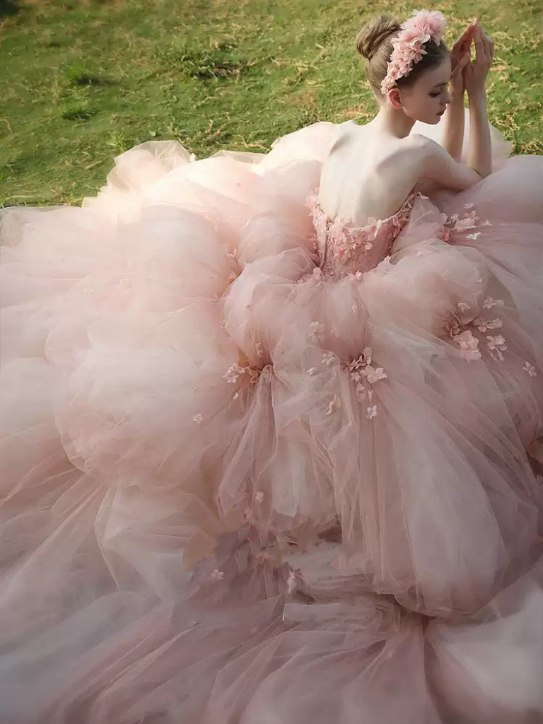 Blush Strapless Wedding Dress with Voluminous Tulle Skirt – Floral Wedding Dress with 3D Appliqué Plus Size
