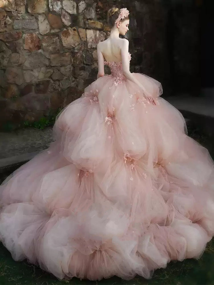 Blush Strapless Wedding Dress with Voluminous Tulle Skirt – Floral Wedding Dress with 3D Appliqué Plus Size