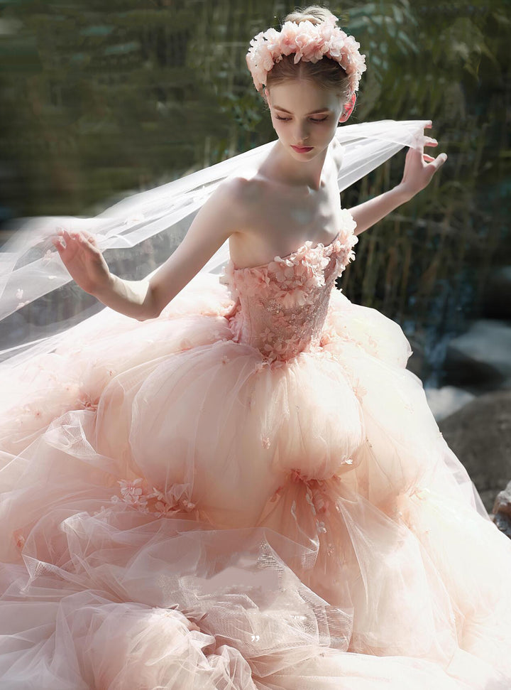 Blush Strapless Wedding Dress with Voluminous Tulle Skirt – Floral Wedding Dress with 3D Appliqué Plus Size