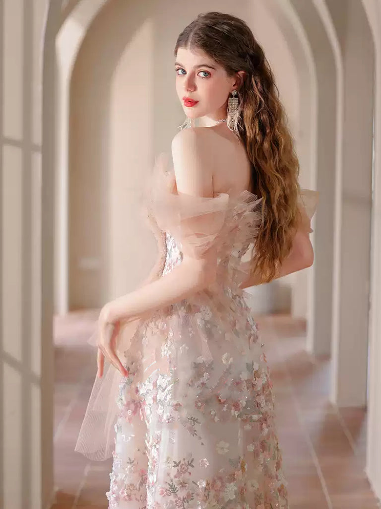 Blush Floral Tulle A-Line Evening Gown with 3D Flower Applique – Sweetheart Evening Dress Plus Size