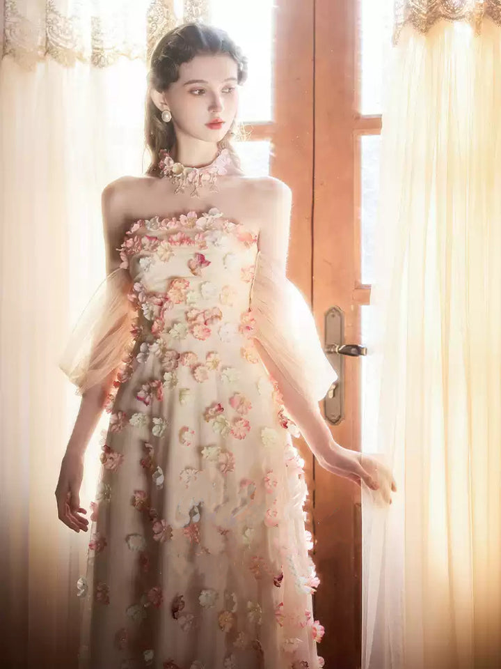 Champagne Floral Evening Dress with Tulle Sleeves – Off the Shoulder Evening Dress with Corset Back Plus Size