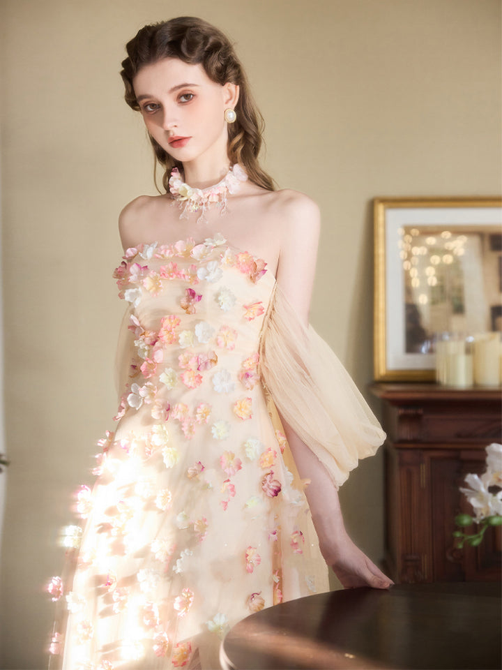 Champagne Floral Evening Dress with Tulle Sleeves – Off the Shoulder Evening Dress with Corset Back Plus Size
