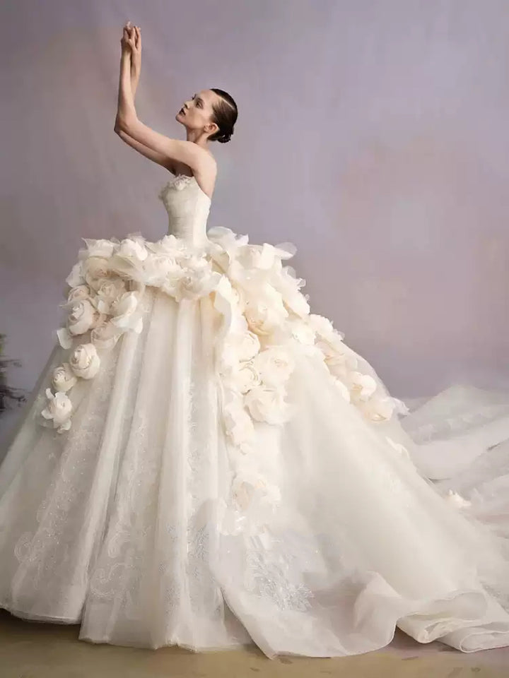 Champagne Strapless Wedding Dress with Oversized Floral Appliqué – Floral Wedding Dress with Long Train Plus Size