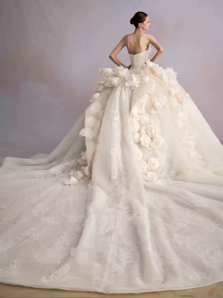 Champagne Strapless Wedding Dress with Oversized Floral Appliqué – Floral Wedding Dress with Long Train Plus Size