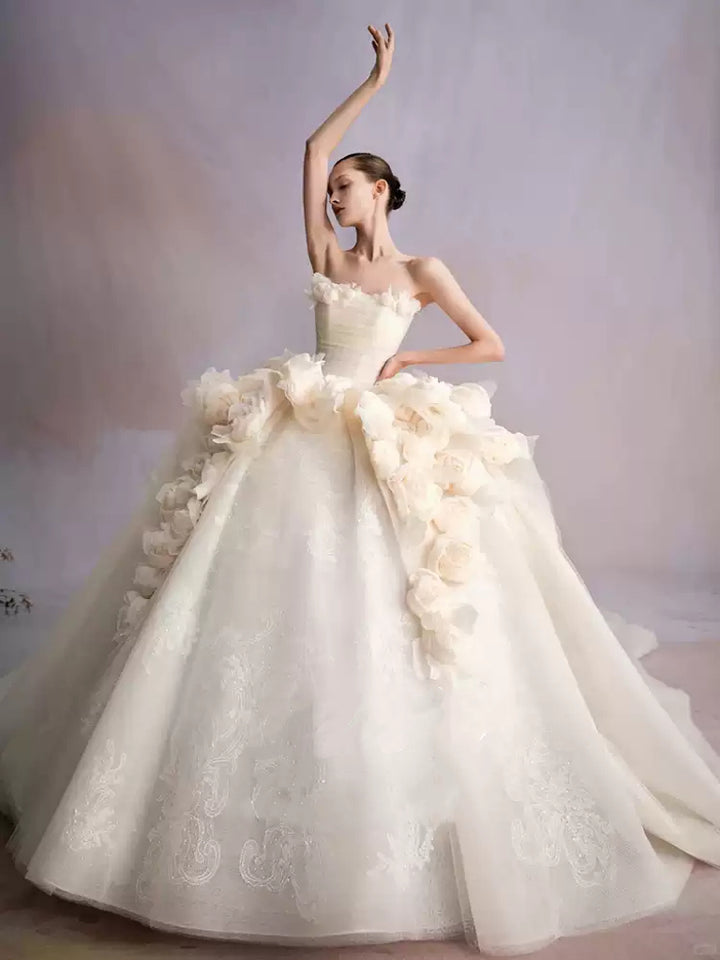 Champagne Strapless Wedding Dress with Oversized Floral Appliqué – Floral Wedding Dress with Long Train Plus Size