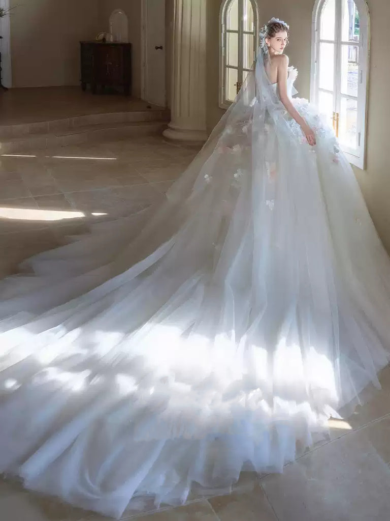 White Strapless Wedding Dress with Tulle Train – Floral Wedding Dress with 3D Flowers Plus Size