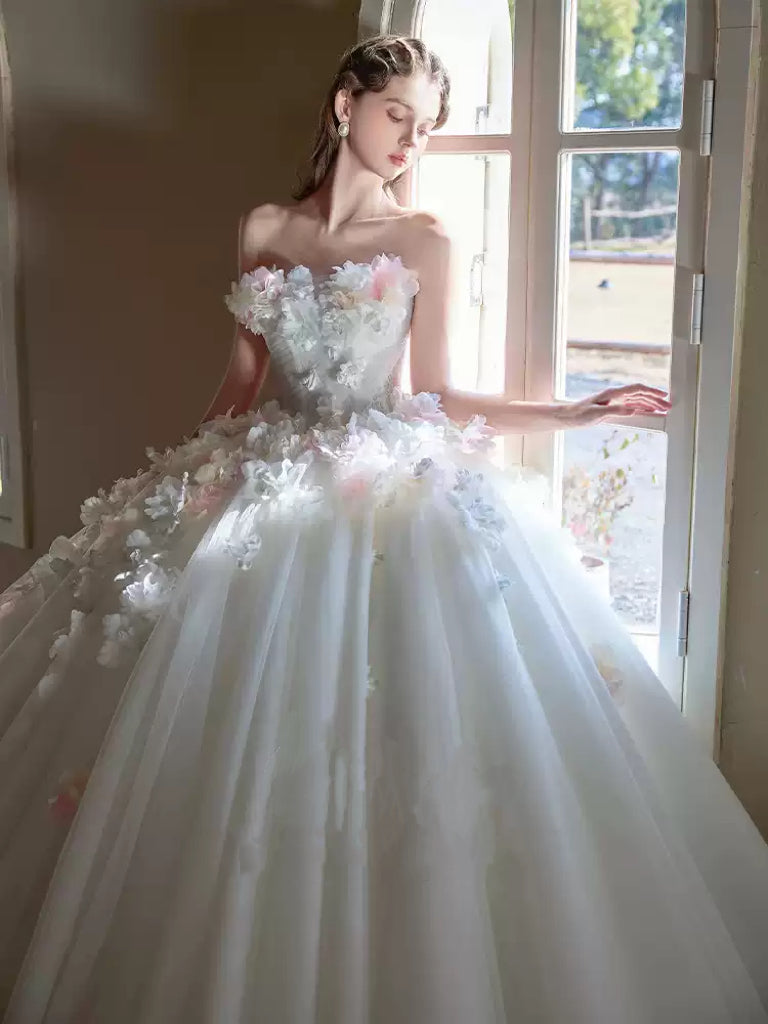 White Strapless Wedding Dress with Tulle Train – Floral Wedding Dress with 3D Flowers Plus Size