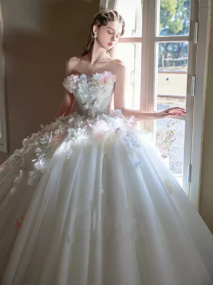 White Strapless Wedding Dress with Tulle Train – Floral Wedding Dress with 3D Flowers Plus Size
