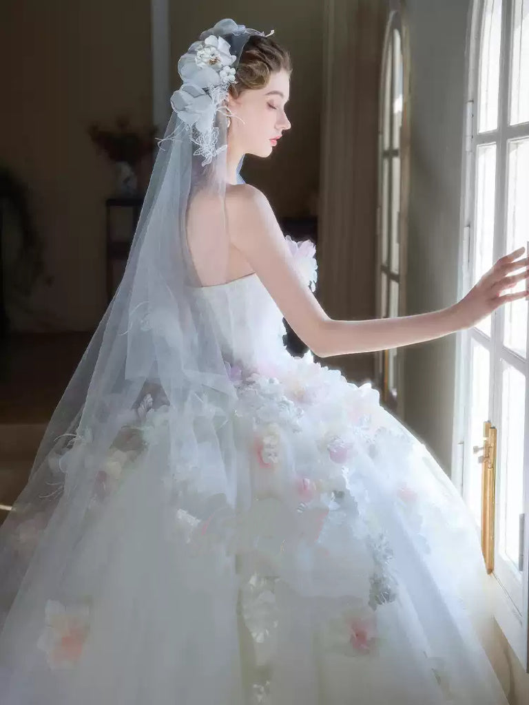 White Strapless Wedding Dress with Tulle Train – Floral Wedding Dress with 3D Flowers Plus Size
